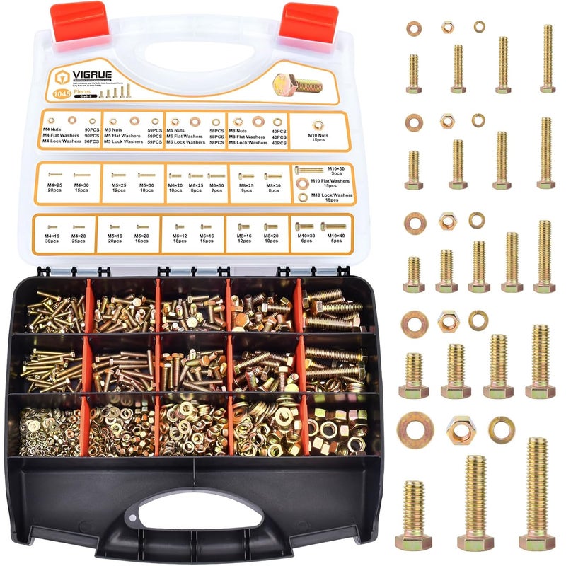 VIGRUE 1045PCS Grade 8.8 Metric Bolts and Nuts Assortment, M4 M5 M6 M8 M10 Bolt Assortment, Heavy Duty Zinc Plated, Length from 12mm - 30mm - Image 1